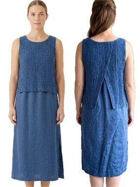 J. Jill Pure Jill Batik BlueTextured Layered Linen Maxi Dress Size Medium Petite